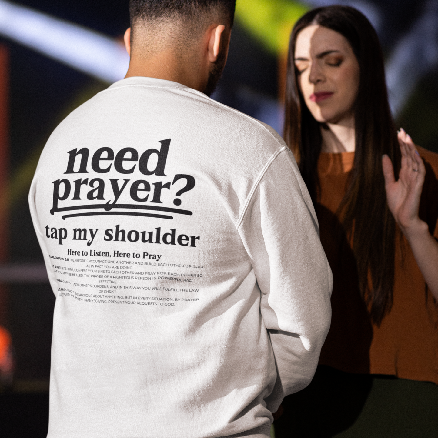 Unisex Inspirational Need Prayer? Tap My Shoulder We Can Pray Trendy Christian Conversation Starter Sweatshirt Minimalist Faith-Based Tee