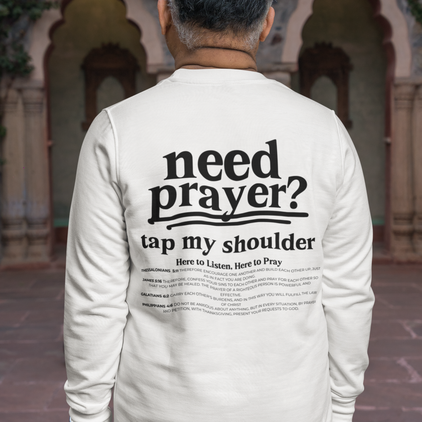 Unisex Inspirational Need Prayer? Tap My Shoulder We Can Pray Trendy Christian Conversation Starter Sweatshirt Minimalist Faith-Based Tee