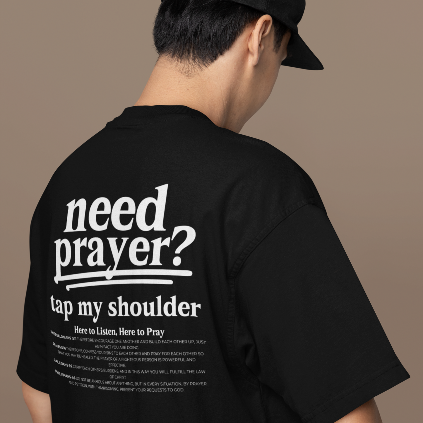 Need Prayer? Tap My shoulder Modern Inspirational Unisex Tee, Trendy Christian Graphic T-Shirt Relaxed Fit Faith-based Top to Minister