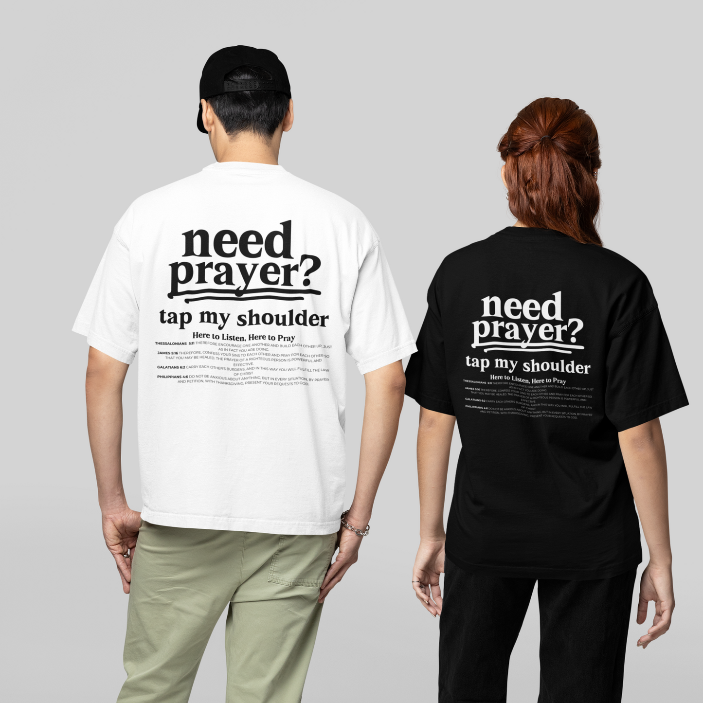 Trendy Unisex Need Prayer? Tap My Shoulder Pray Together Tee Premium Oversize Fit Minimalist T-shirt Christian Faith-Based Tee Basic Colors