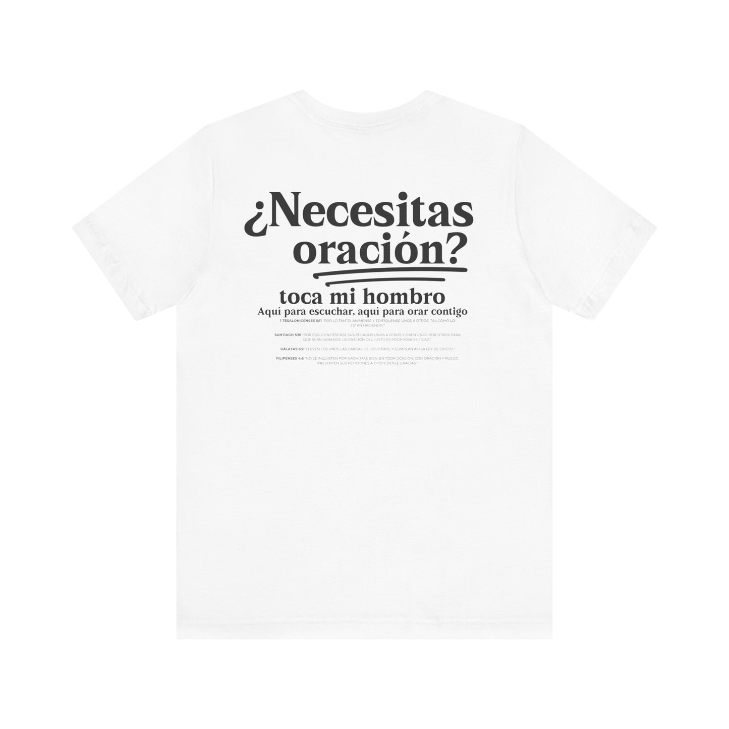 Spanish Need Prayer? Tap My shoulder Modern Inspirational Unisex Tee Christian Graphic T-Shirt Relaxed Fit Faith-based Top to Minister