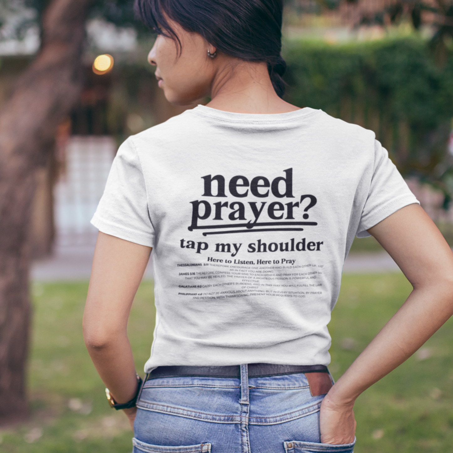 Trendy Unisex Need Prayer? Tap My Shoulder Pray Together Tee Premium Oversize Fit Minimalist T-shirt Christian Faith-Based Tee Basic Colors