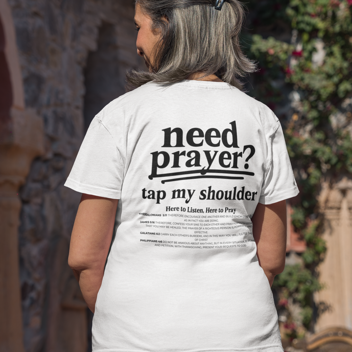 Trendy Unisex Need Prayer? Tap My Shoulder Pray Together Tee Premium Oversize Fit Minimalist T-shirt Christian Faith-Based Tee Basic Colors
