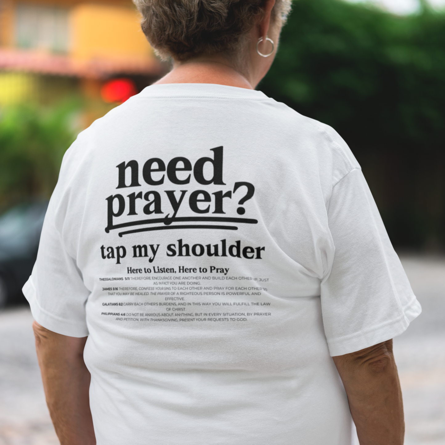 Trendy Unisex Need Prayer? Tap My Shoulder Pray Together Tee Premium Oversize Fit Minimalist T-shirt Christian Faith-Based Tee Basic Colors
